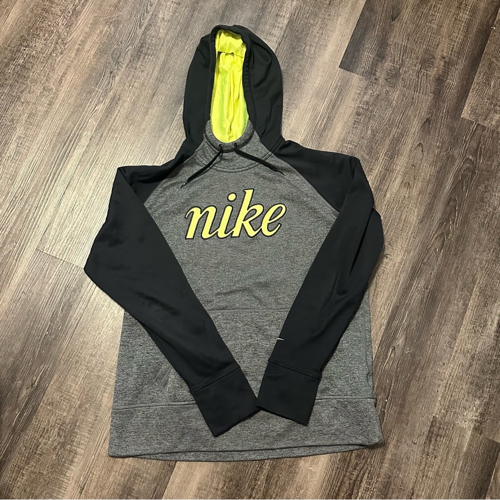 Nike Women’s Black and Gray Hoodie with Neon Logo